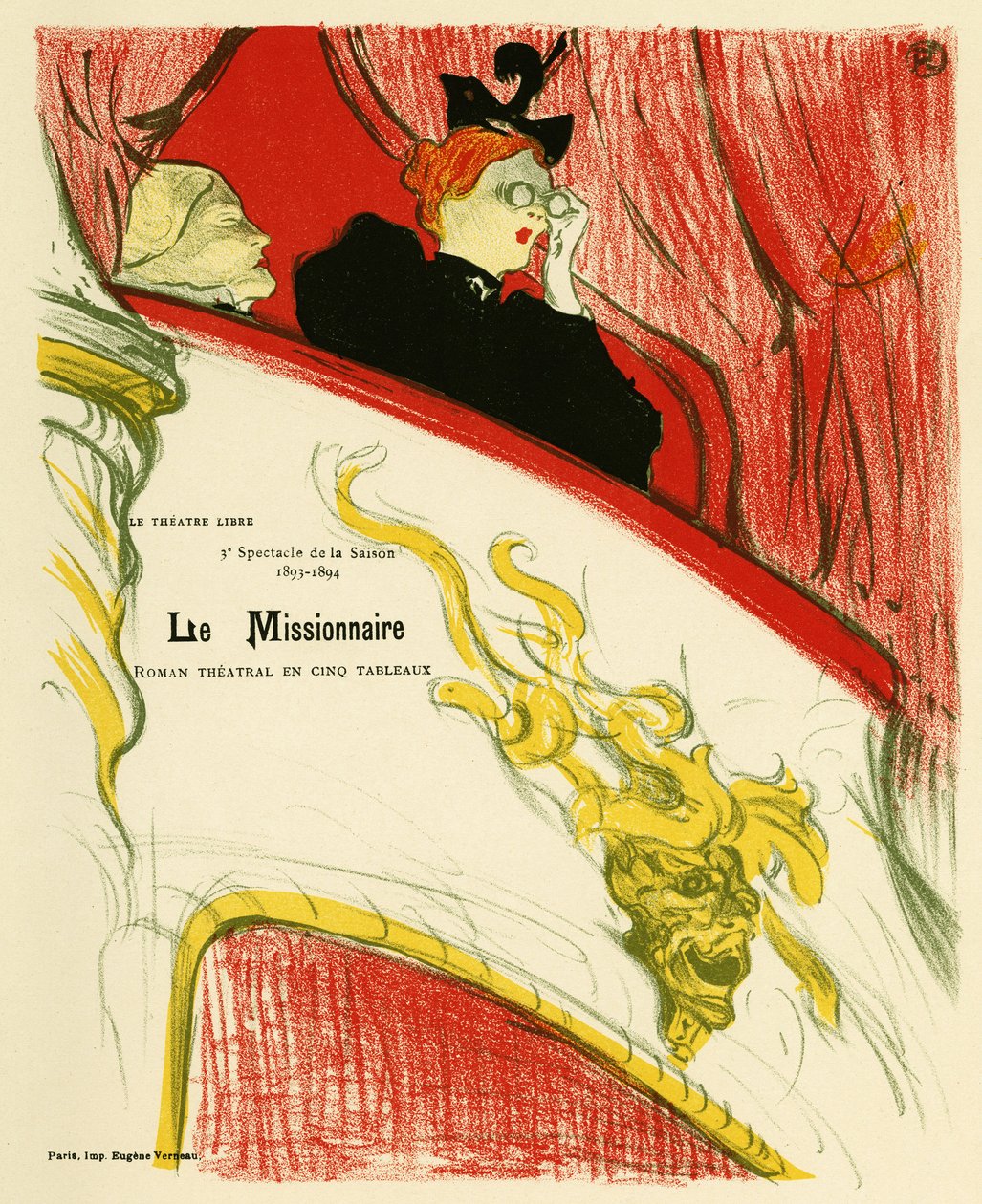 Una donna in un camerino teatrale che usa un paio di binocoli. Poster per il Missionario, opera di Marcel Luguet, rappresentata nel 1893 al Teatro Libero creato nel 1887 da André Antoine (1858-1943), Illustrazione in litografia di Henri de Toulouse Lautrec da Henri de Toulouse Lautrec