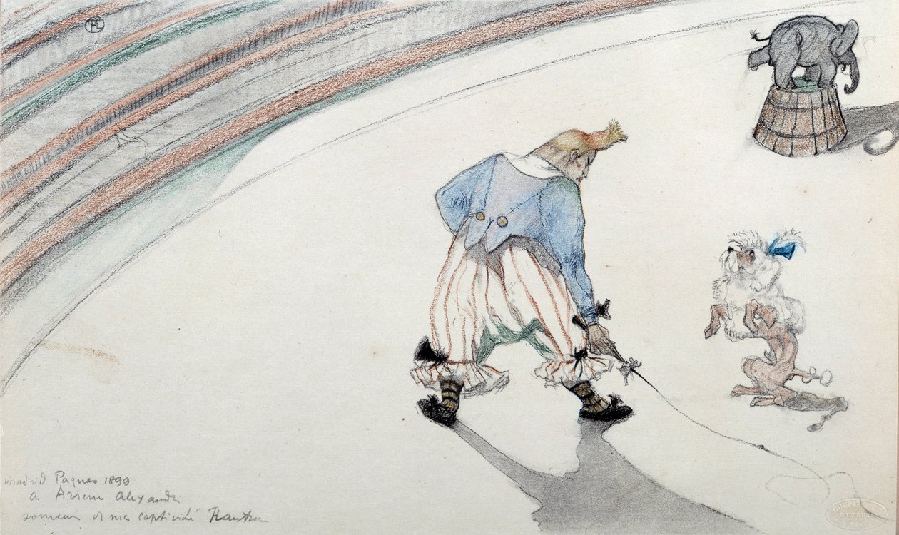 Scena di circo: addestramento. Un clown con un cane scienziato e un elefante acrobatico da Henri de Toulouse Lautrec