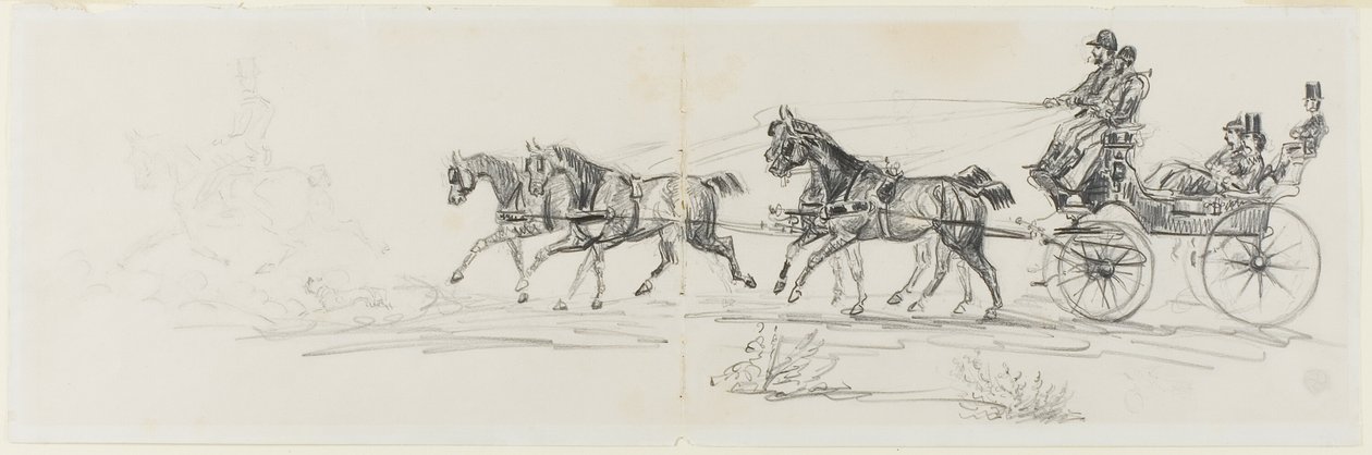 Carrozza trainata da cavalli preceduta da un singolo cavaliere (recto); Uomo a cavallo con una coperta e schizzi di teste, cavalli e arco trionfale (verso) da Henri de Toulouse Lautrec