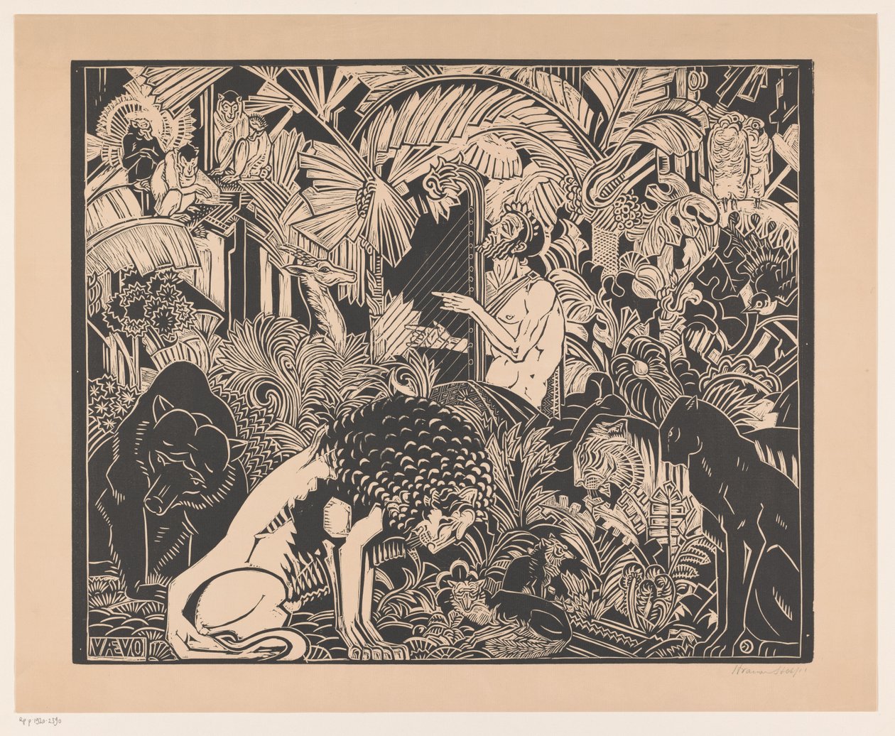 Orfeo suona la sua arpa per gli animali da Henri van der Stok (signed by artist)