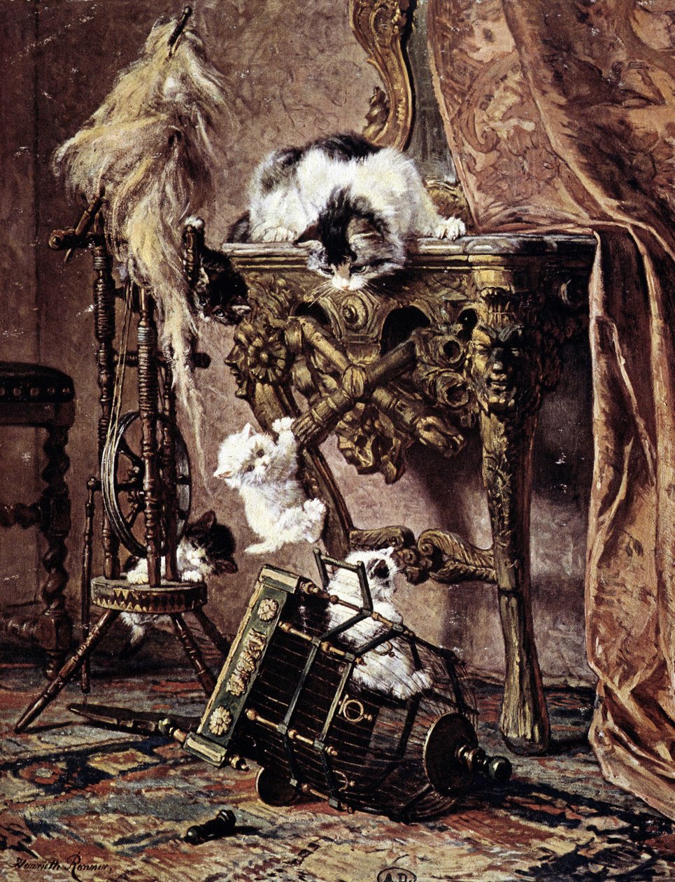 Un gatto guarda i suoi gattini giocare - di Henriette Ronner da Henriëtte Ronner Knip