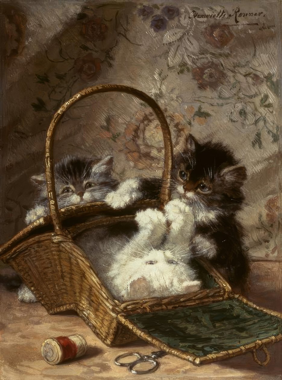 Gattini con un cestino da cucito da Henriëtte Ronner Knip