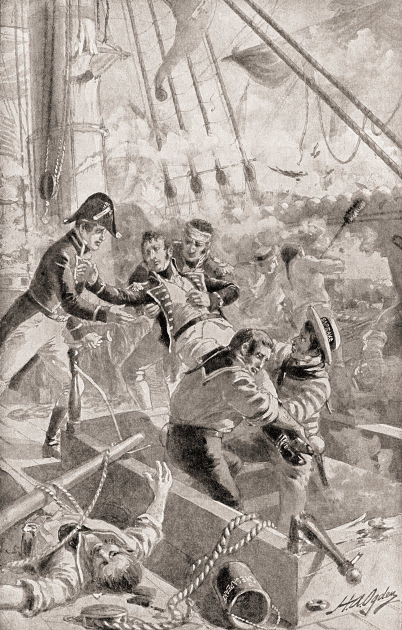 Il capitano James Lawrence pronuncia le sue ultime parole o comando morente, Non arrendete la nave!, da La Storia del Nostro Paese, pubblicato nel 1905 da Henry Alexander Ogden