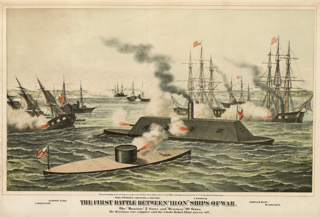 La prima battaglia tra navi da guerra di ferro, pubblicato c.1862 da Henry Bill
