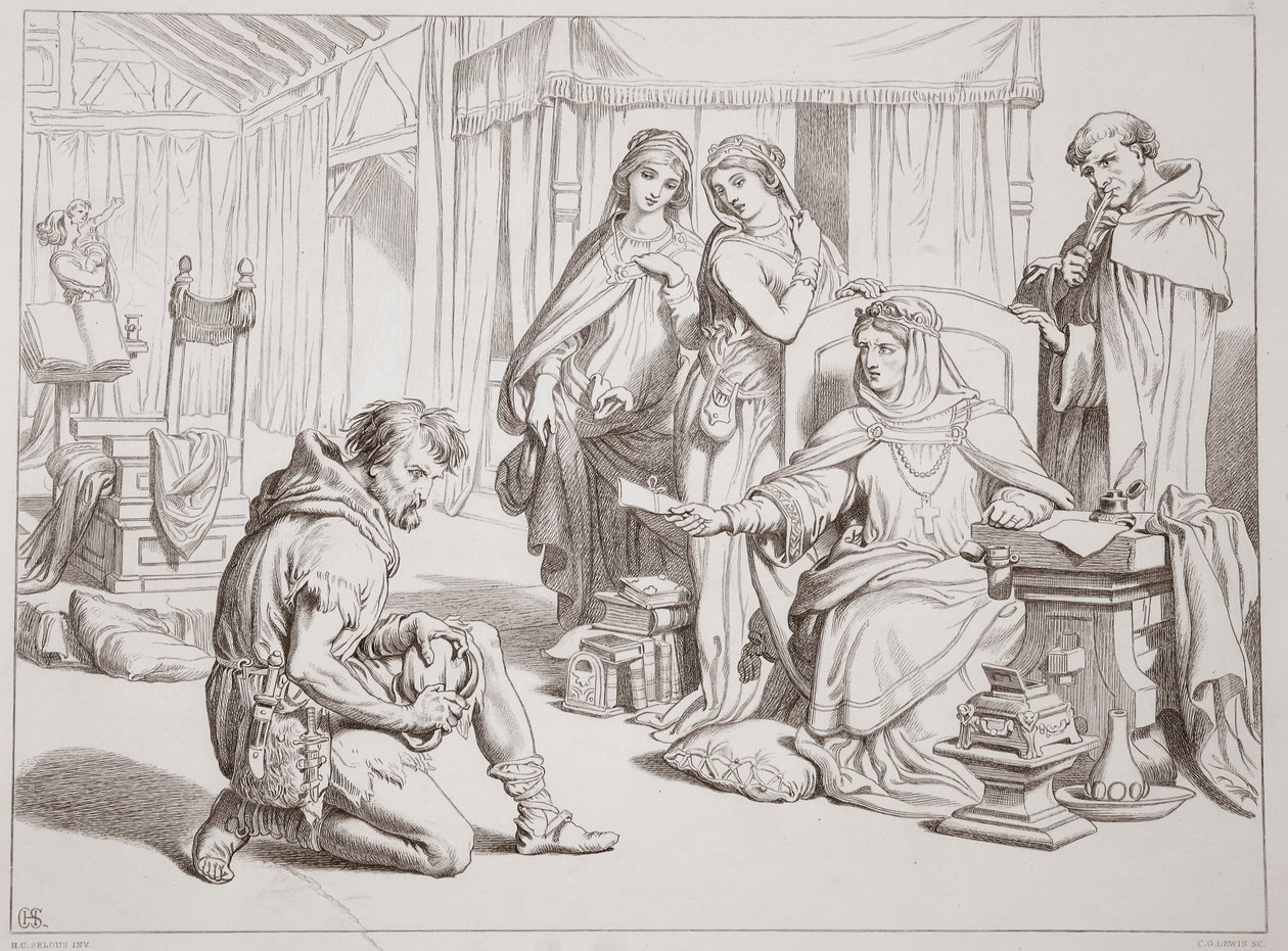 Martin Lightfoot si impegna a essere il portatore della lettera al conte Leofric, illustrazione da Hereward the Great di Charles Kingsley, pub. 1870, inciso da C.G. Lewis da Henry Courtney Selous