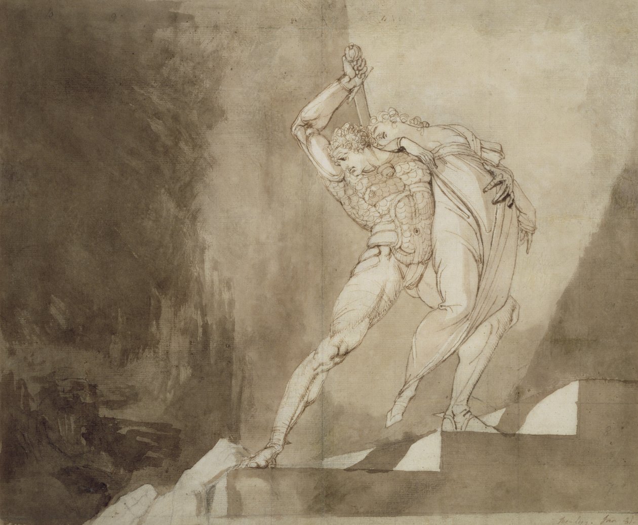 Un guerriero che salva una dama, 1780-85 da Johann Heinrich Füssli