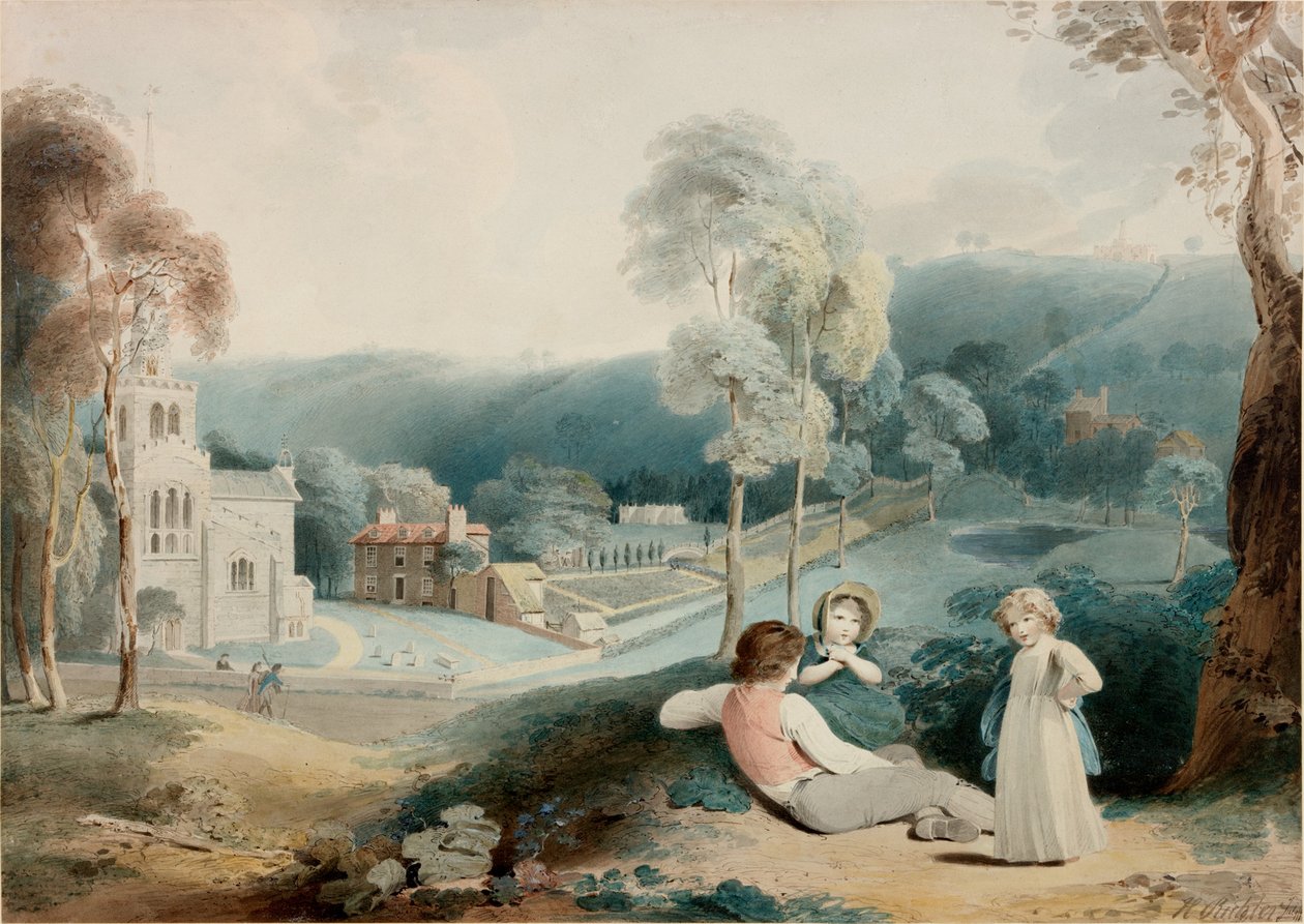 Bambini in paesaggio con chiesa da Henry James Richter