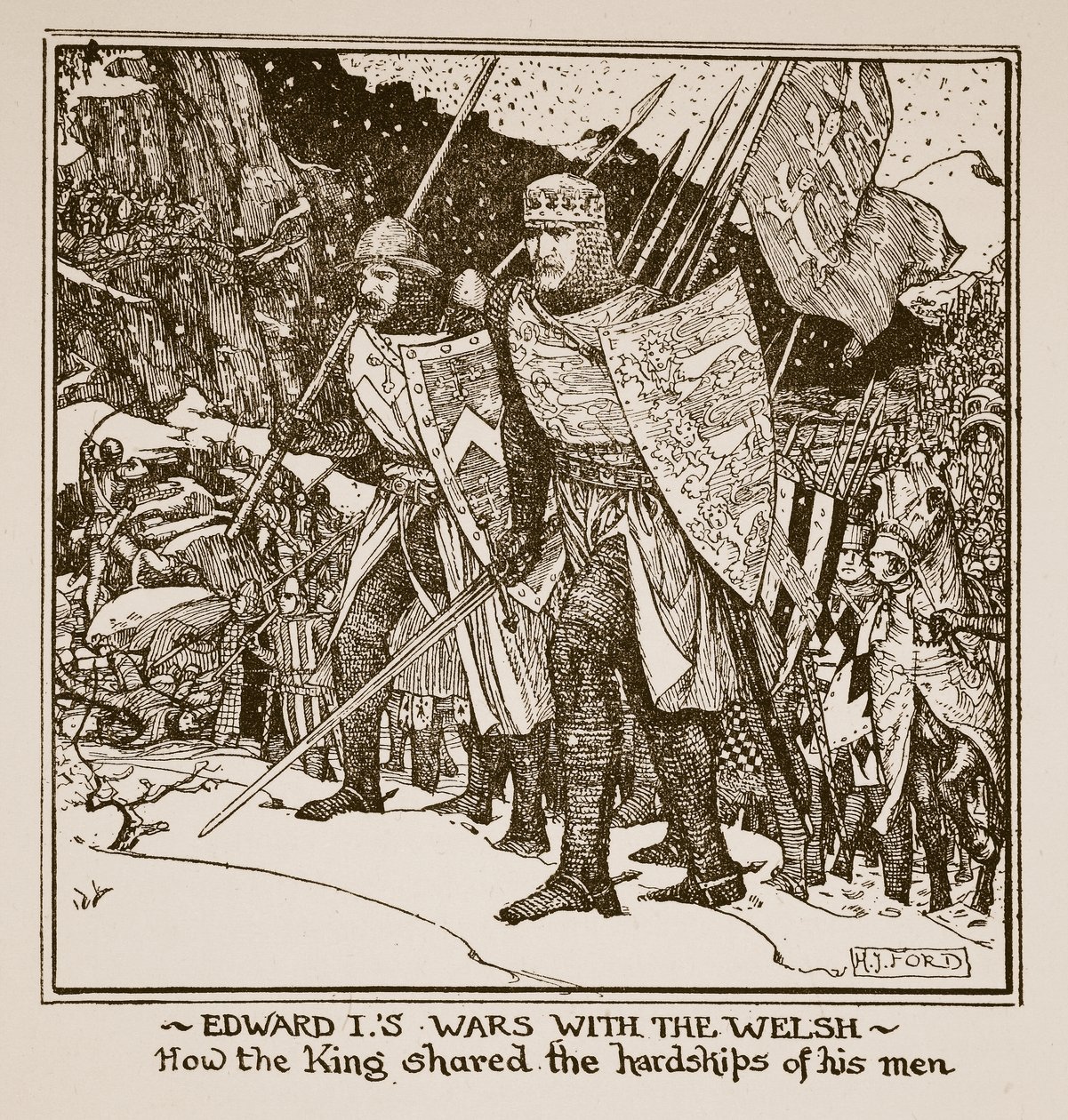 Le guerre di Edoardo I con i gallesi - come il re condivise le difficoltà dei suoi uomini, illustrazione da 