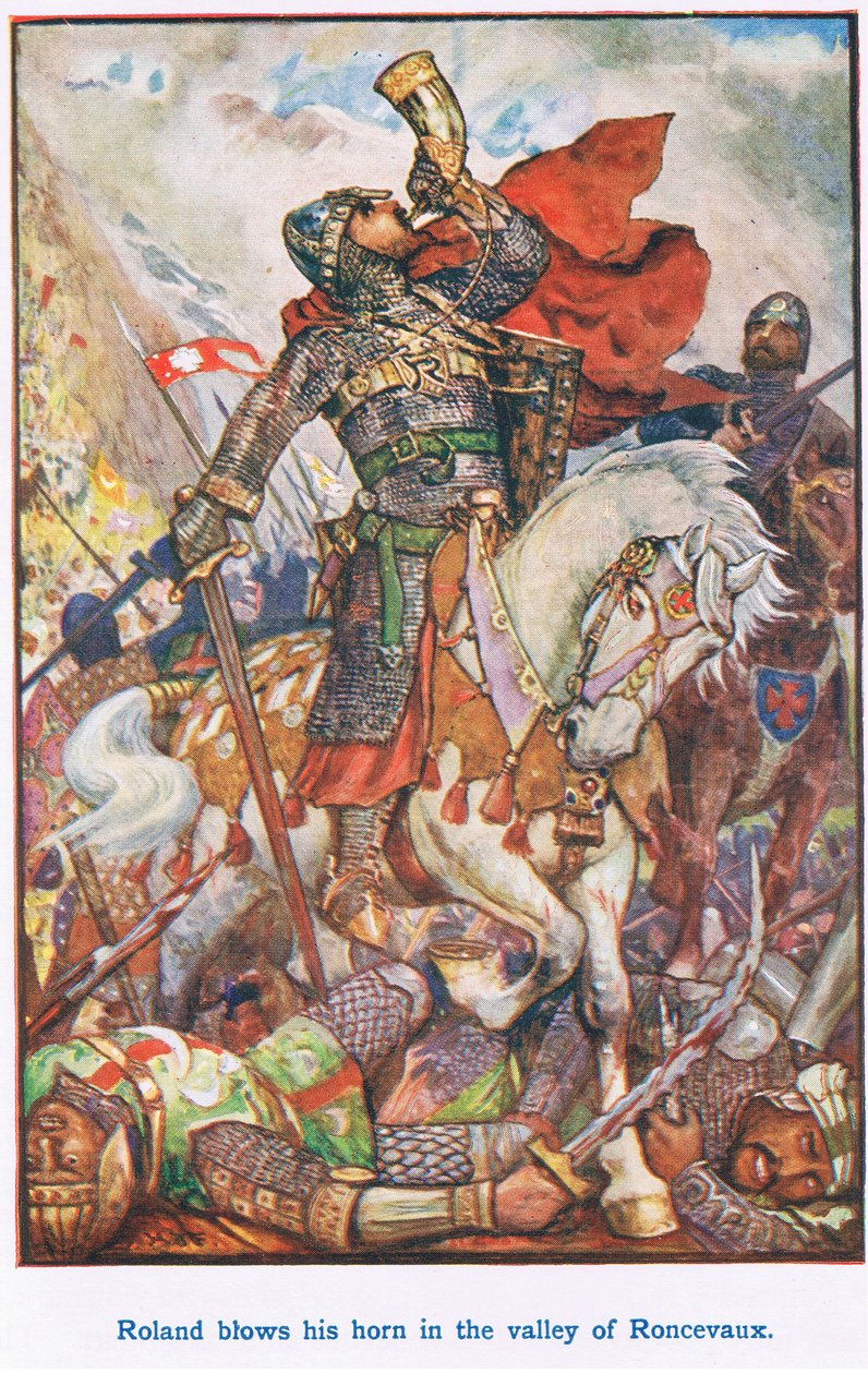 Rolando suona il suo corno nella valle di Roncisvalle da Henry Justice Ford