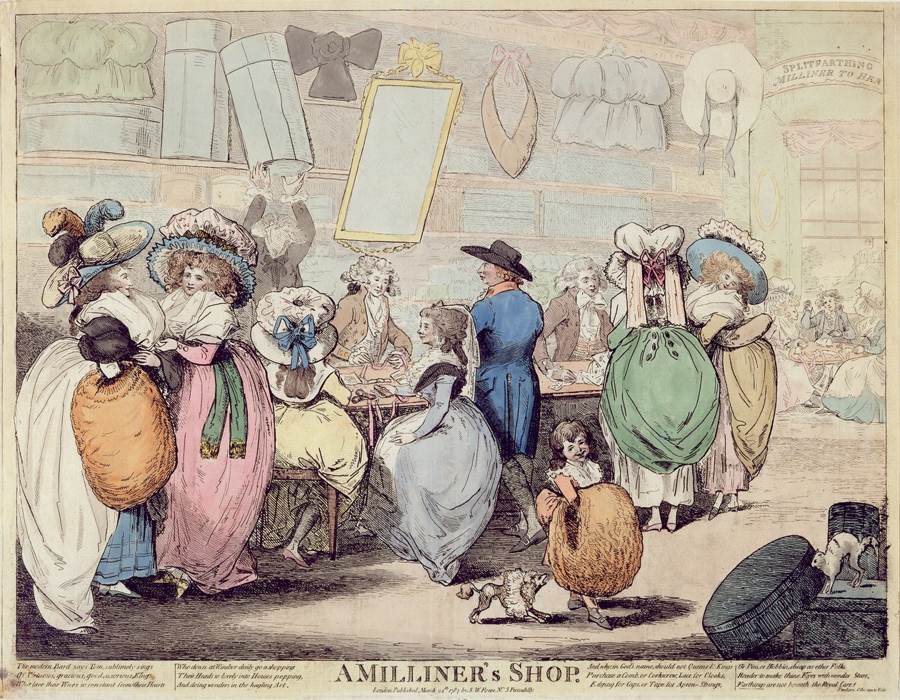 Un Negozio di Modista, pubblicato nel 1787 (incisione colorata a mano) da Henry Kingsbury