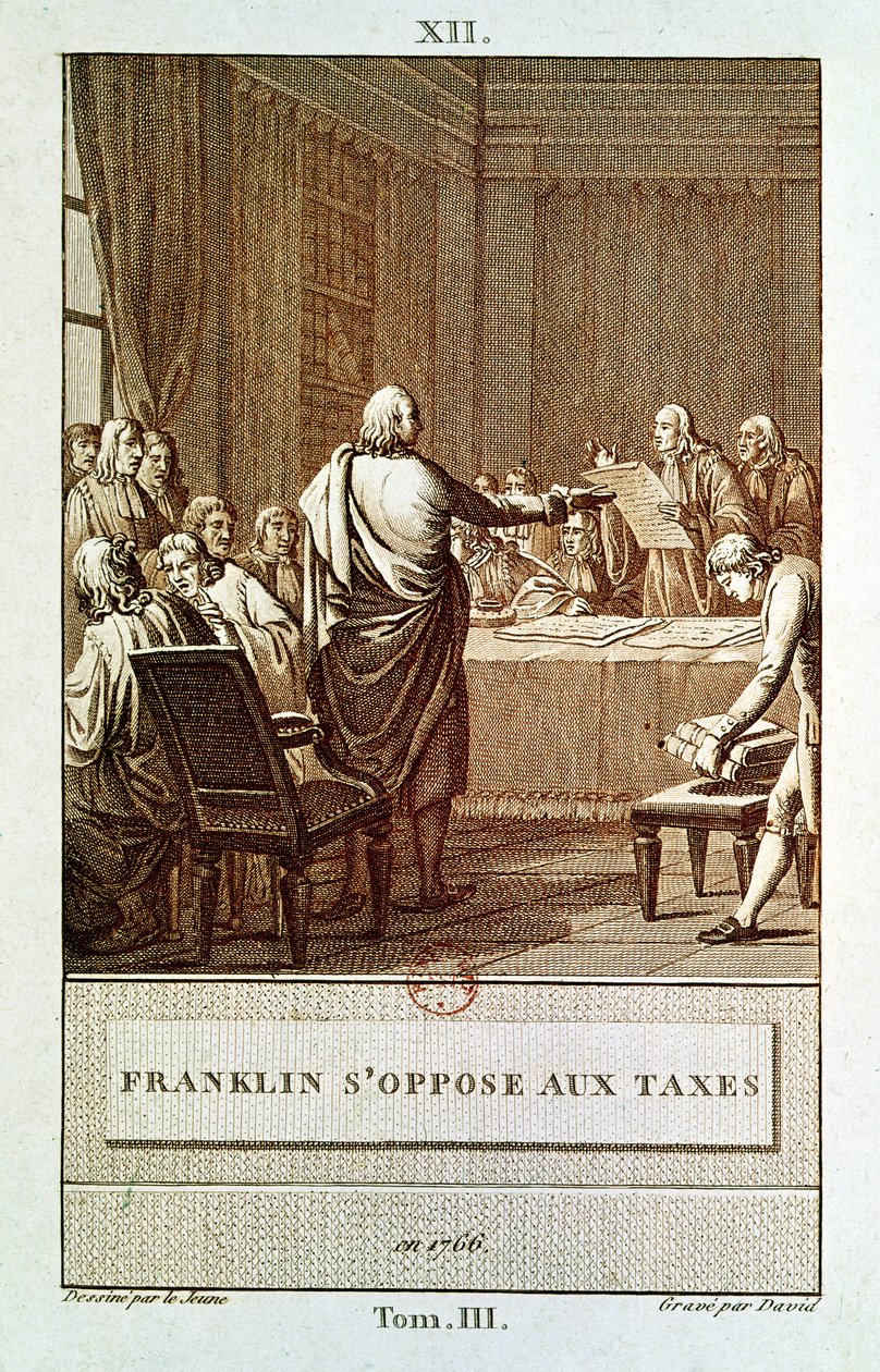 Benjamin Franklin Presenta la sua Opposizione alle Tasse nel 1766, inciso da David da Henry Le Jeune