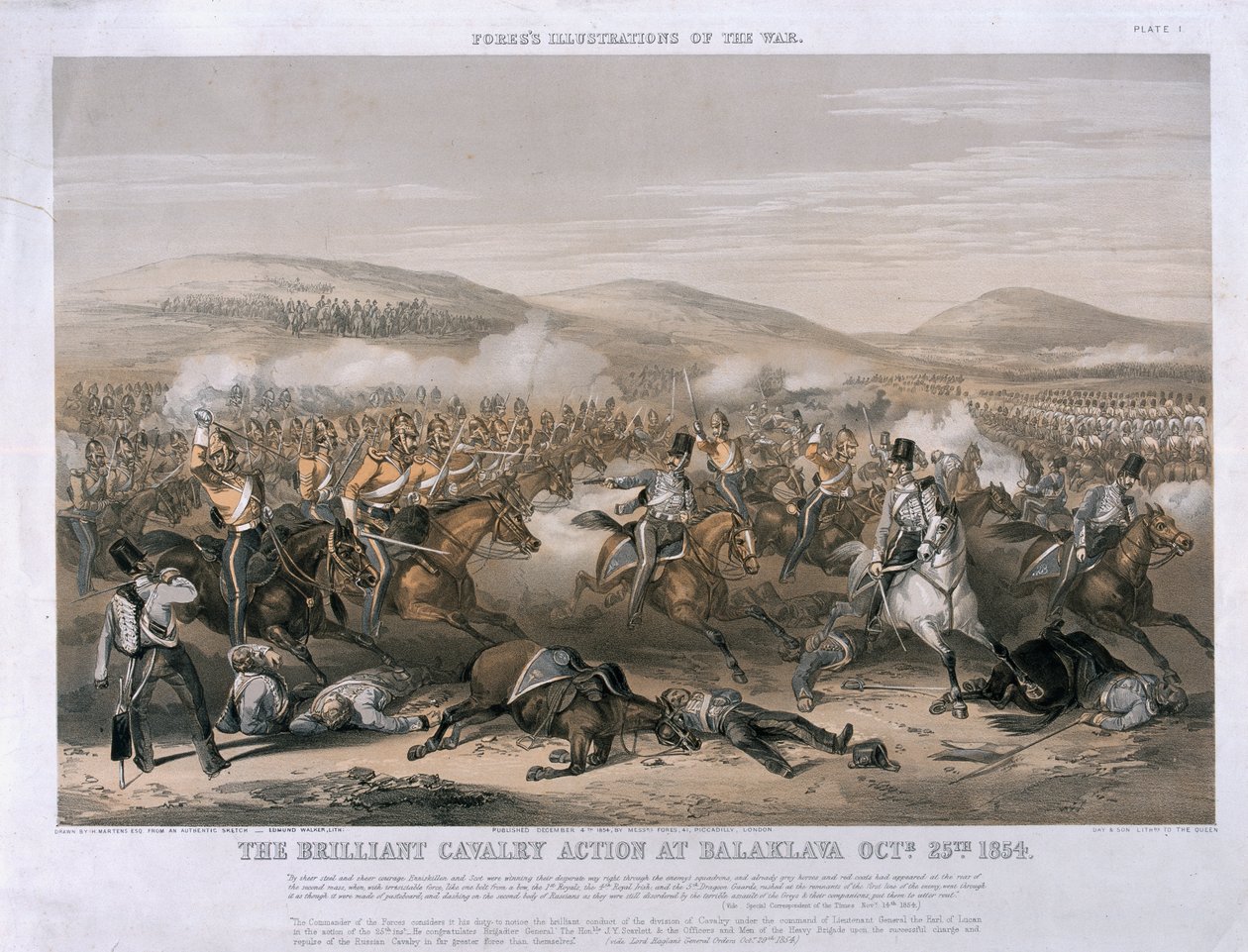 La brillante azione di cavalleria nella battaglia di Balaclava, 25 ottobre 1854, inciso da Edmund Walker, pubblicato 1854 da Henry Martens