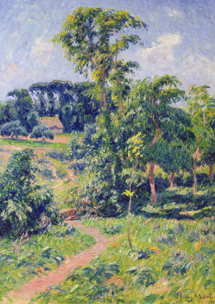 Paesaggio con alberi e un sentiero che conduce a un cottage da Henry Moret