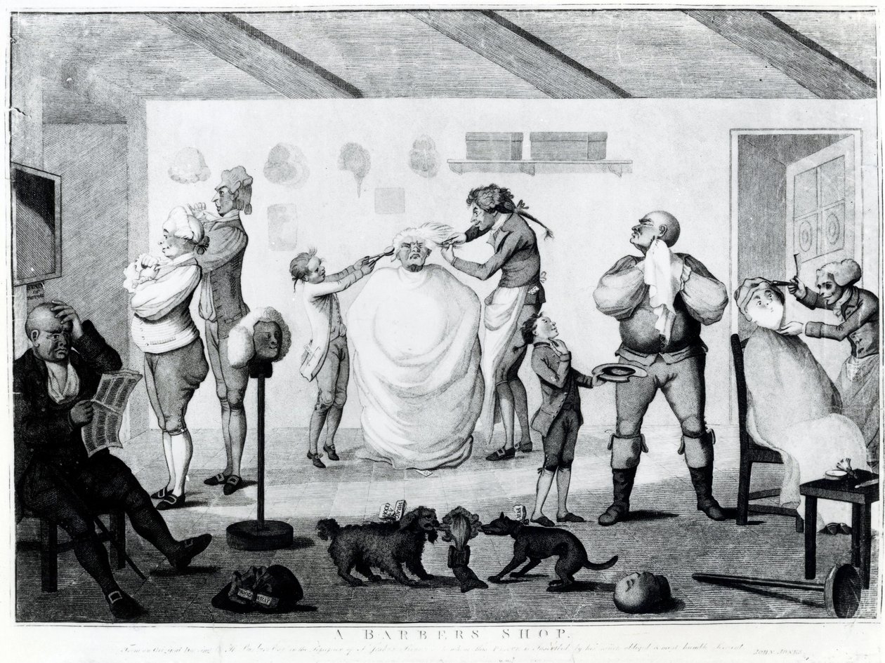 Un negozio di barbiere, pubblicato da William Dickinson, 1785 da Henry William Bunbury