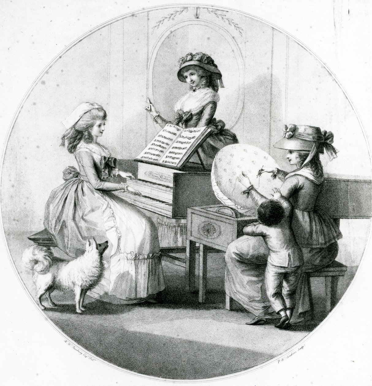 Occupazioni mattutine, tre giovani ragazze con spinetta e ricamo da Henry William Bunbury