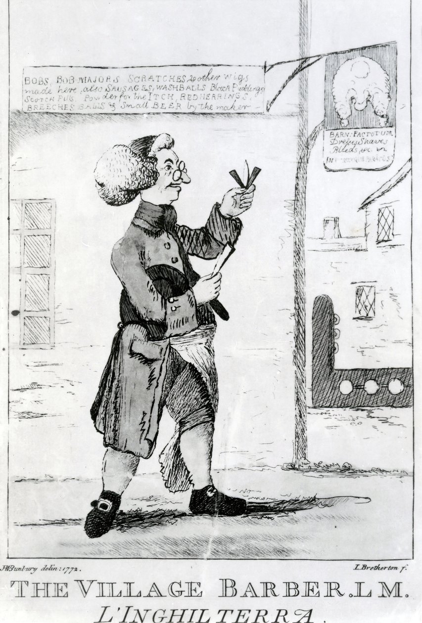 Il barbiere del villaggio L. M. Inghilterra, inciso da James Bretherton, 1772 da Henry William Bunbury
