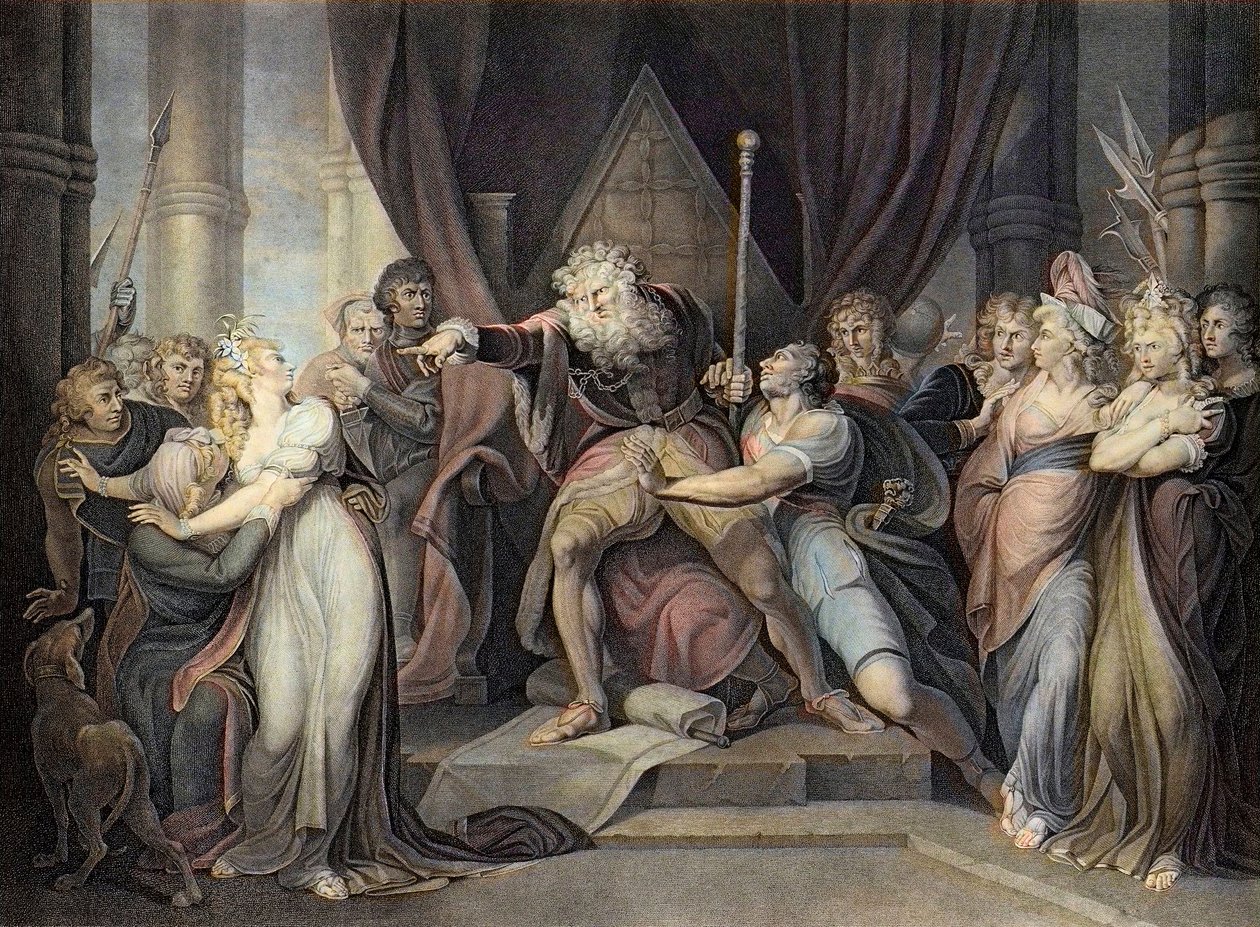 Shakespeare - Re Lear - Atto I Scena I - Re Lear che scaccia sua figlia Cordelia - incisione dopo Henry Fuseli da Henry  Fuseli