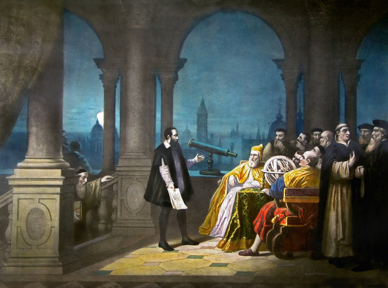 Galileo Galilei mostra il suo telescopio a Leonardo Donato, Doge di Venezia e al Senato veneziano nel 1609, 1900 circa (litografia) da Henry (after) Detouche
