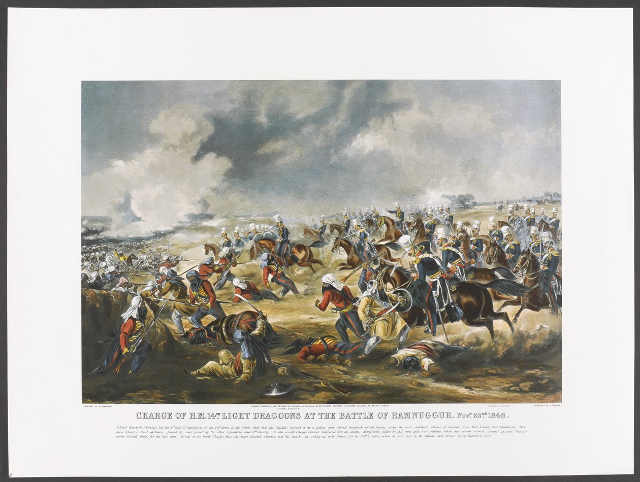 Carica del 14° Dragoni Leggeri di S.M. alla Battaglia di Ramnuggur, 22 novembre 1848, inciso da J. Harris, c.1851 da Henry (after) Martens