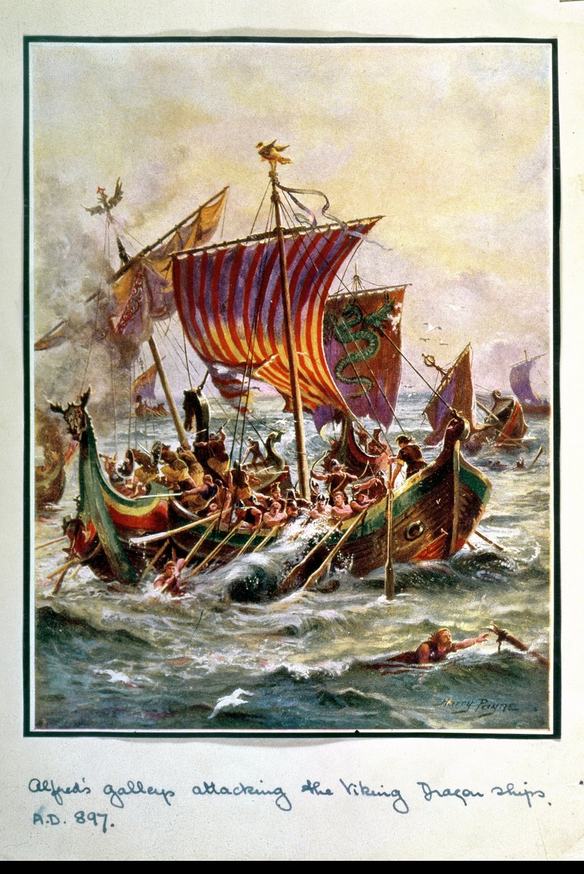 Le galee di Alfredo attaccano le navi drago vichinghe, 897 d.C., illustrazione da 