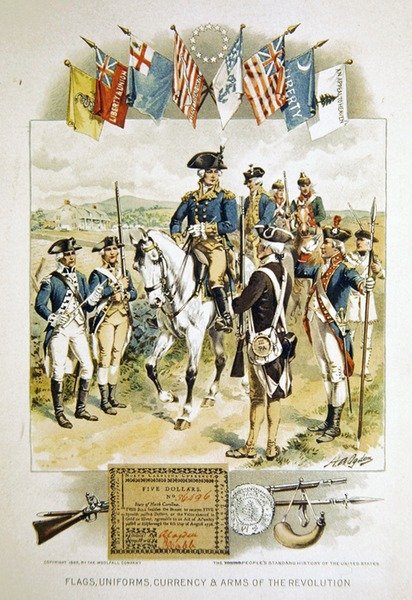 Bandiere americane, uniformi, valuta e armi della Rivoluzione, illustrazione da 