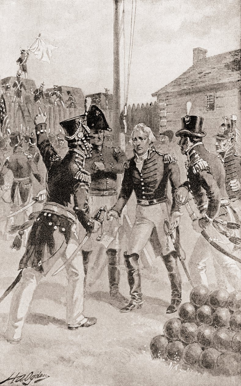 Il generale di brigata William Hull si arrende al forte e alla città di Detroit, Michigan, America durante l