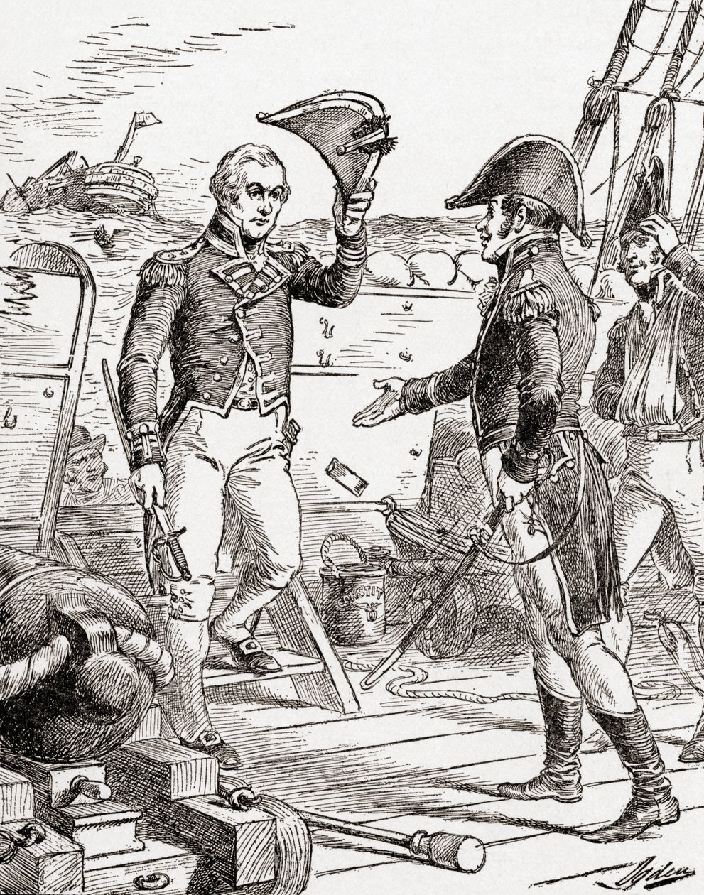 Il capitano Dacres della HMS Guerriere si arrende e offre la sua spada al capitano Hull a bordo della USS Constitution dopo la sua sconfitta durante la Guerra del 1812, da La Storia del Nostro Paese, pubblicato nel 1905 da Henry Alexander Ogden