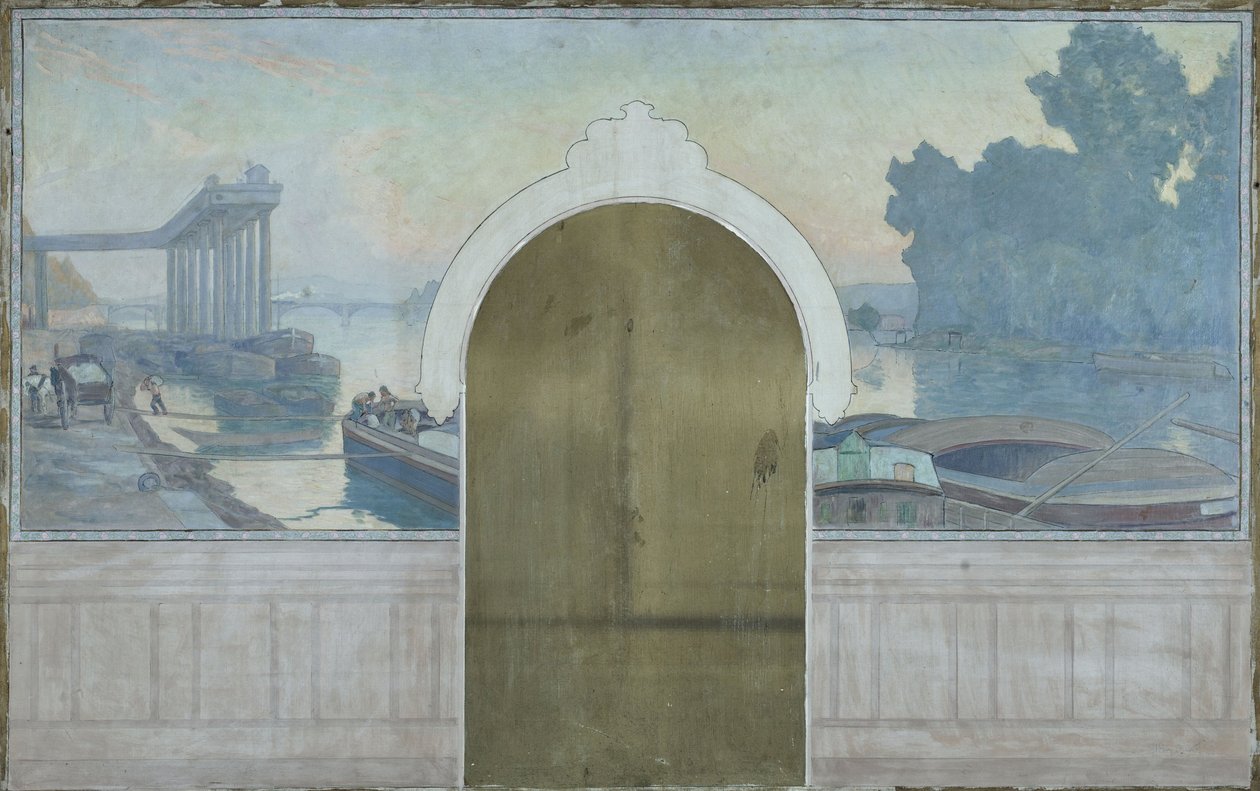 Bozzetto per la sala matrimoni del municipio di Asnières: Paesaggio. Chiatte sulla Senna, con il ponte di Asnières, circa 1900 da Henry Bouvet