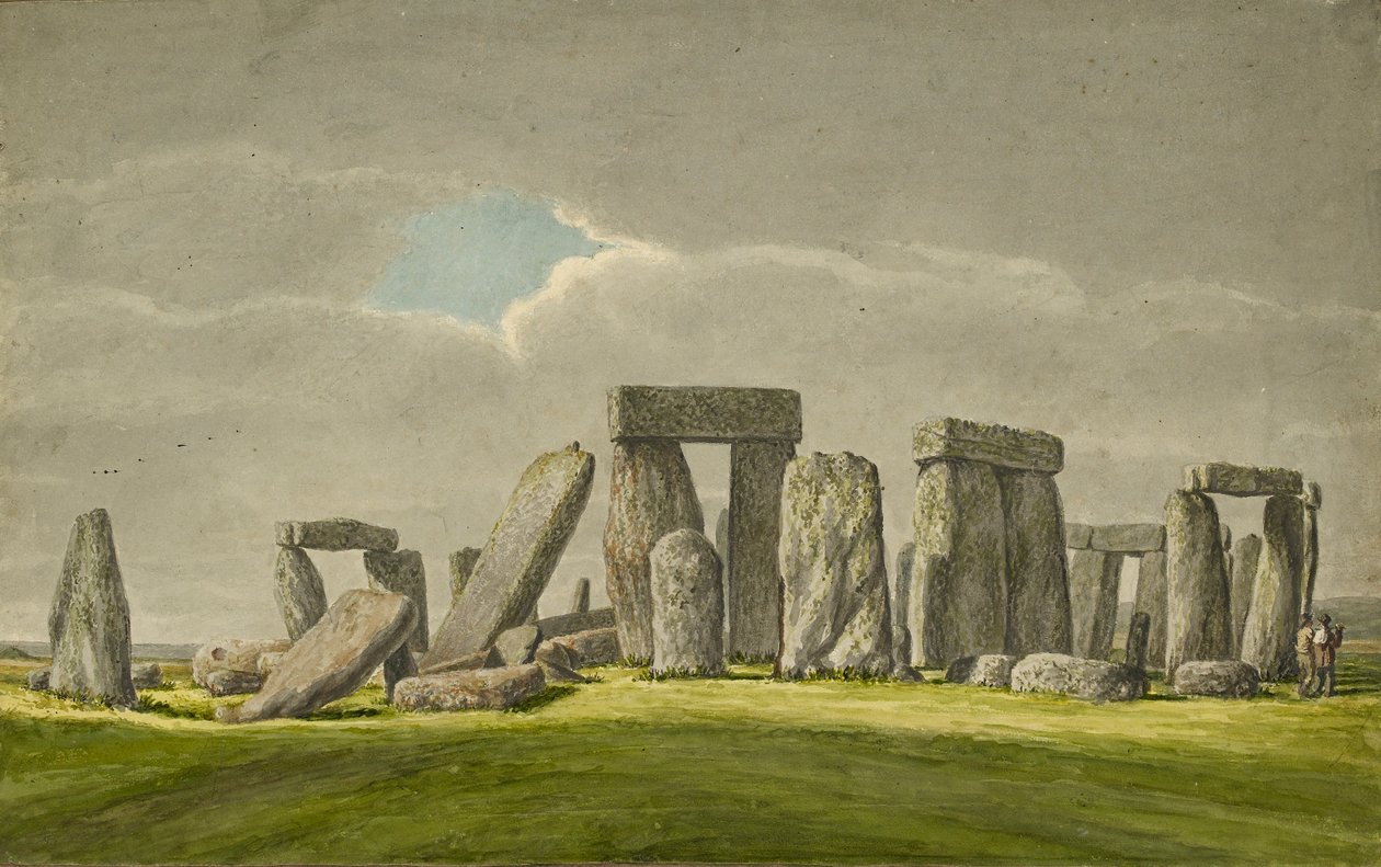 Stonehenge da S.E, mostrando pietre in stato di rovina con 2 visitatori da Henry Browne