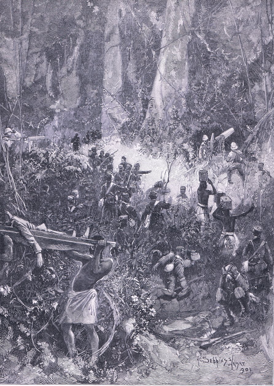 La guerra degli Ashanti 1900: Un combattimento nella foresta, illustrazione da Cassells History of England, 1900s da Henry Charles Seppings Wright