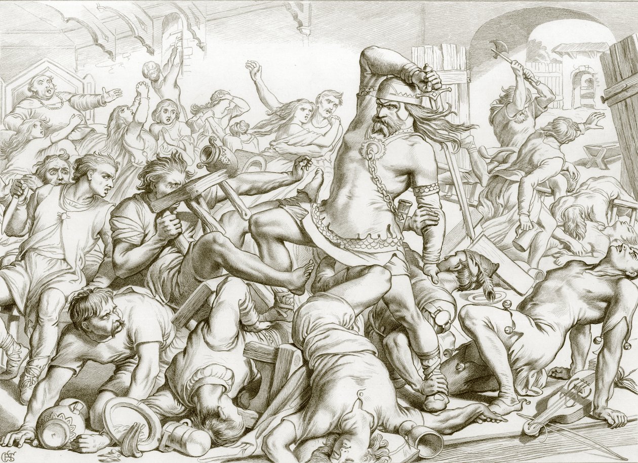 Come Hereward liberò Bourne dai francesi (incisione) da Henry Courtney (after) Selous