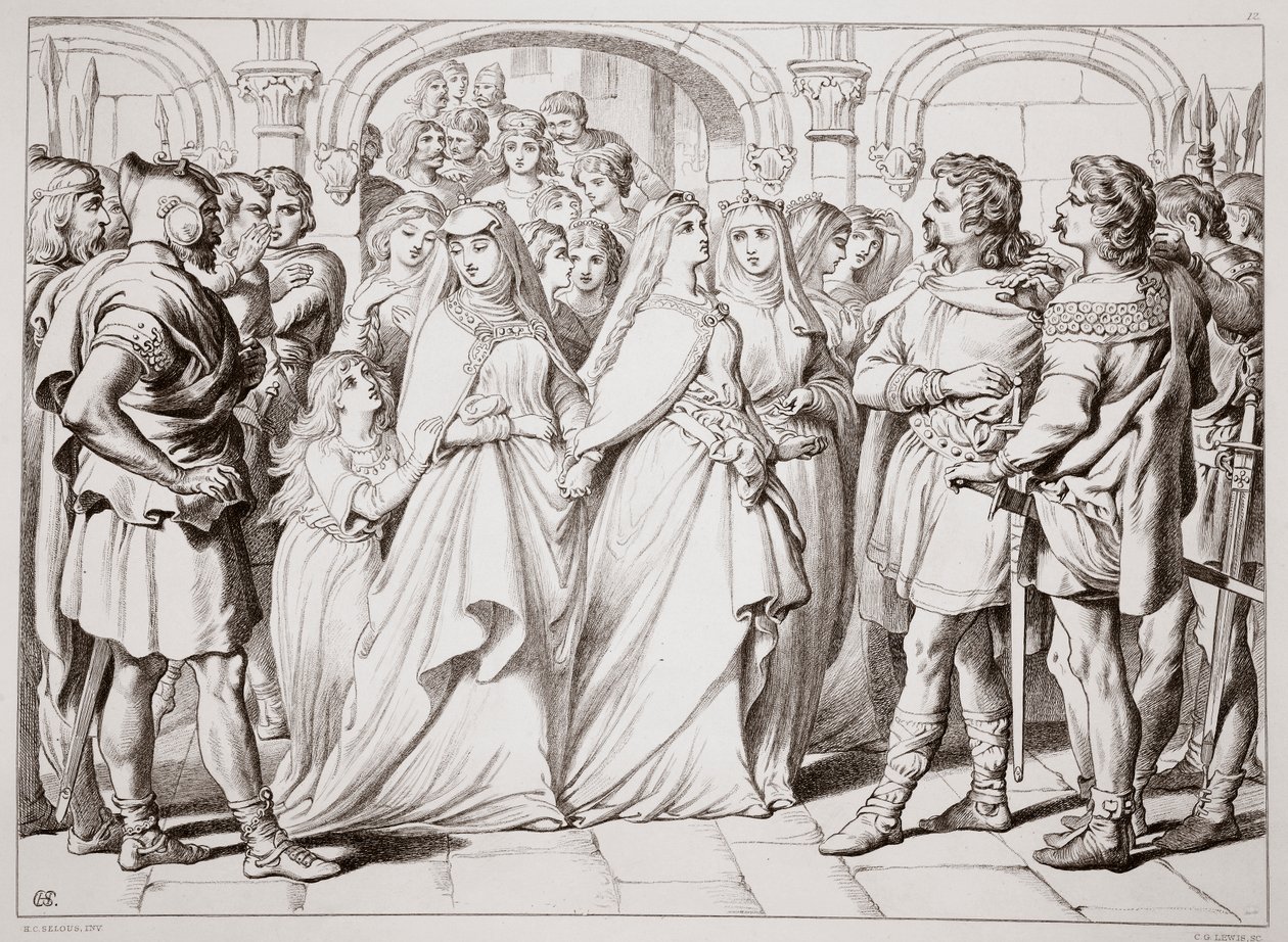 Alftruda riconosce Hereward, illustrazione da Hereward the Great di Charles Kingsley, pub. 1870, inciso da C.G. Lewis da Henry Courtney Selous