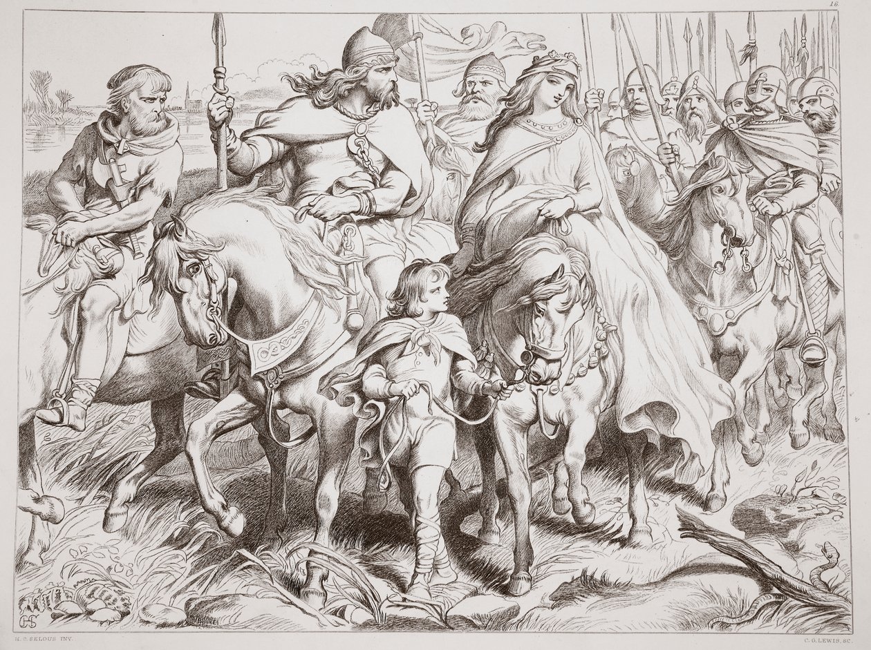Hereward protegge Alftruda portandola in un luogo sicuro, illustrazione da Hereward il Grande di Charles Kingsley, pub. 1870, inciso da C.G. Lewis da Henry Courtney Selous