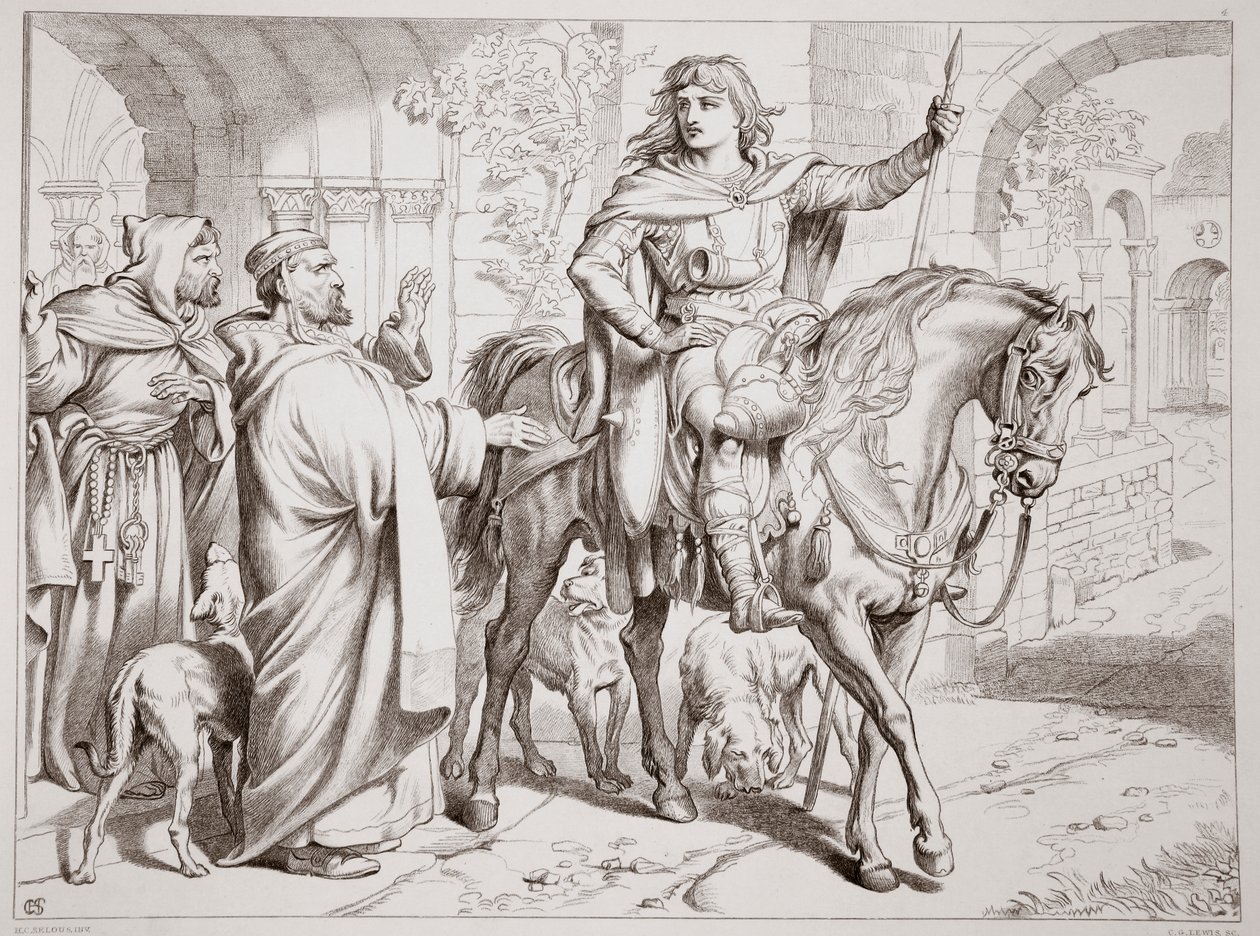 Hereward informa suo zio il Priore che sta per essere bandito, illustrazione da Hereward the Great di Charles Kingsley, pub. 1870, inciso da C.G. Lewis da Henry Courtney Selous