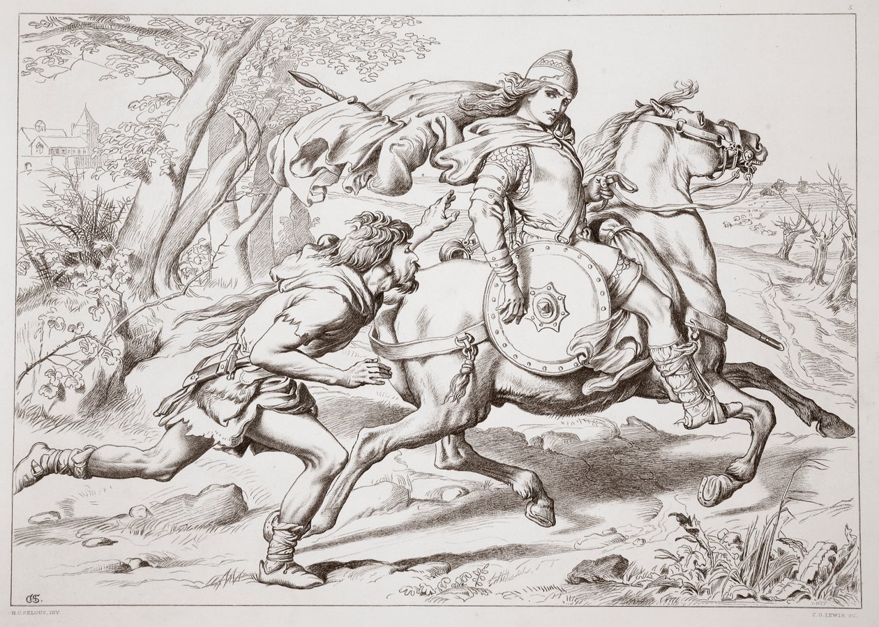 Come Martin Lightfoot supera Hereward, illustrazione da Hereward the Great di Charles Kingsley, pub. 1870, inciso da C.G. Lewis (incisione su lastra d