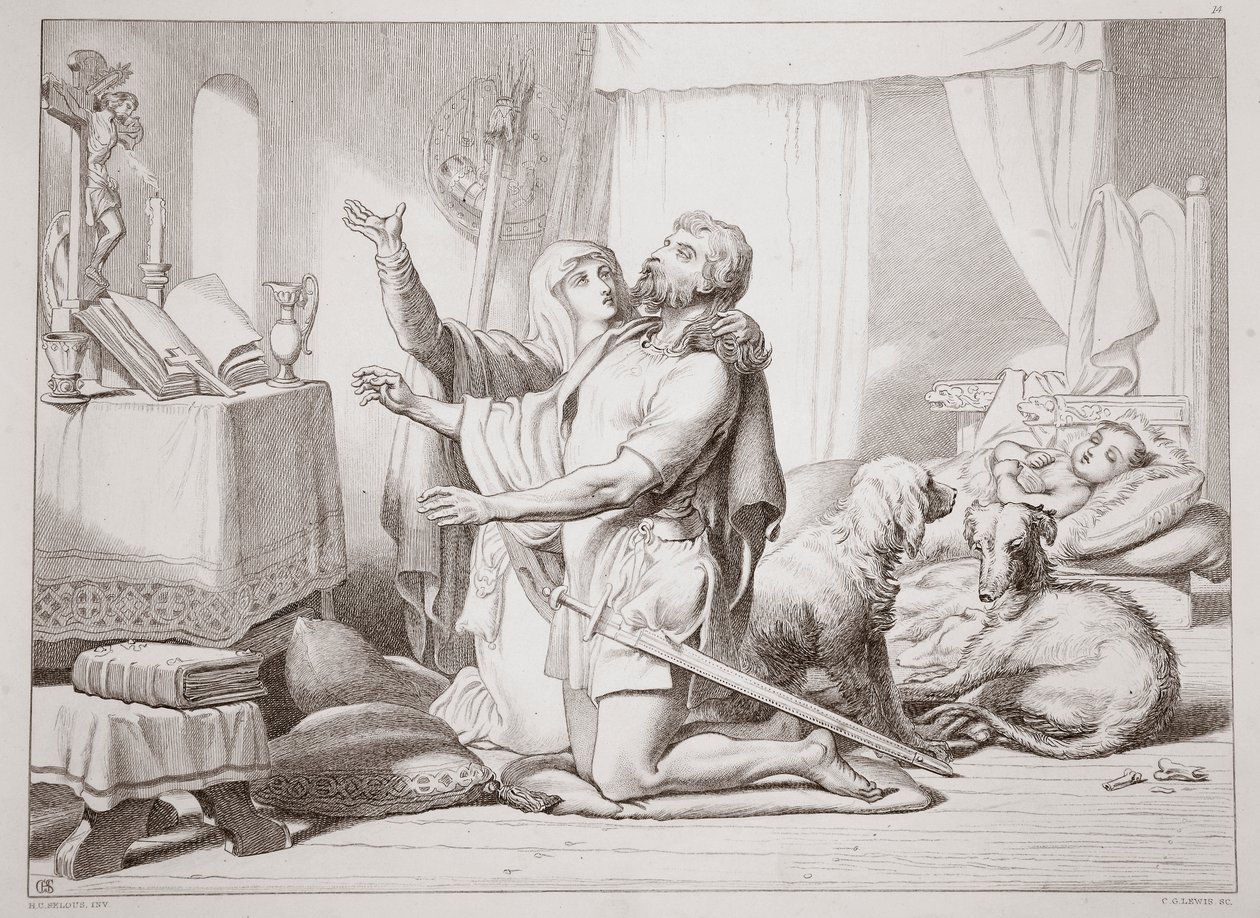 Come Torfrida insegna a Hereward a pregare, illustrazione da Hereward the Great di Charles Kingsley, inciso da C.G. Lewis da Henry Courtney Selous