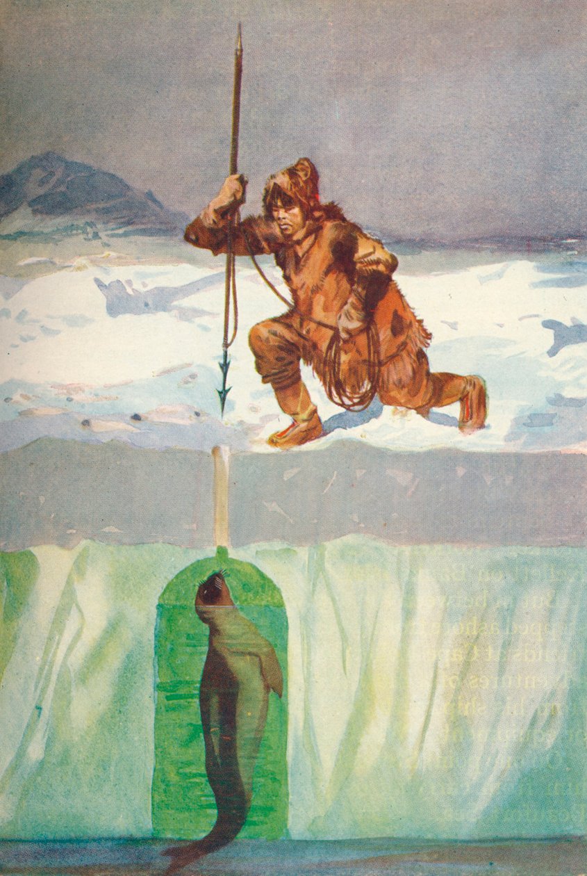 Inuit che sta per arpionare una foca attraverso il suo foro di respirazione, c. 1927 da Henry Evison