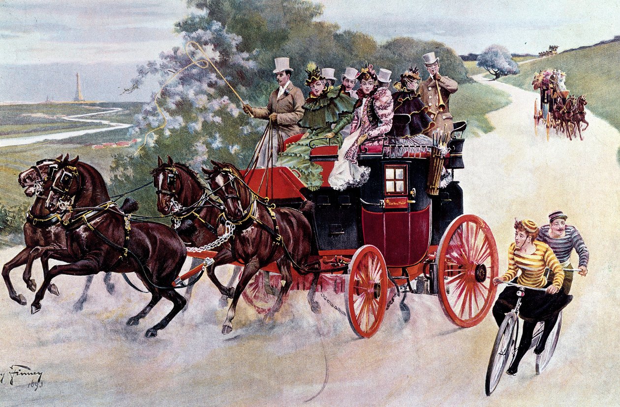 Un carico di passeggeri e ciclisti. Litografia basata su un dipinto di Henry Finney (XIX secolo), circa 1890. Collezione privata da Henry Finney