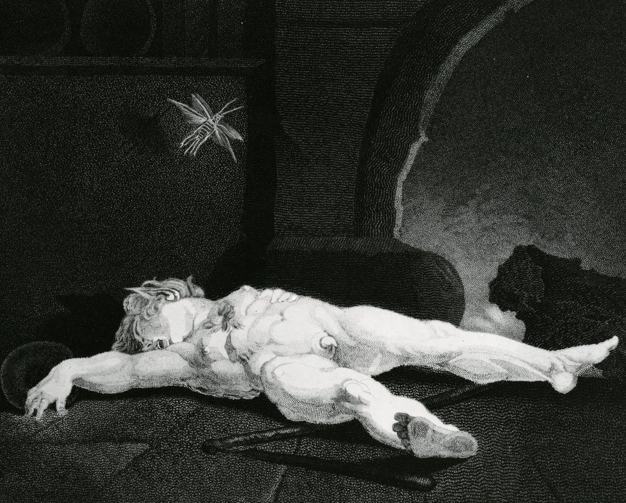 Puck che si crogiola addormentato davanti al focolare di campagna, inciso da Moses Haughton Jr. da Johann Heinrich Füssli