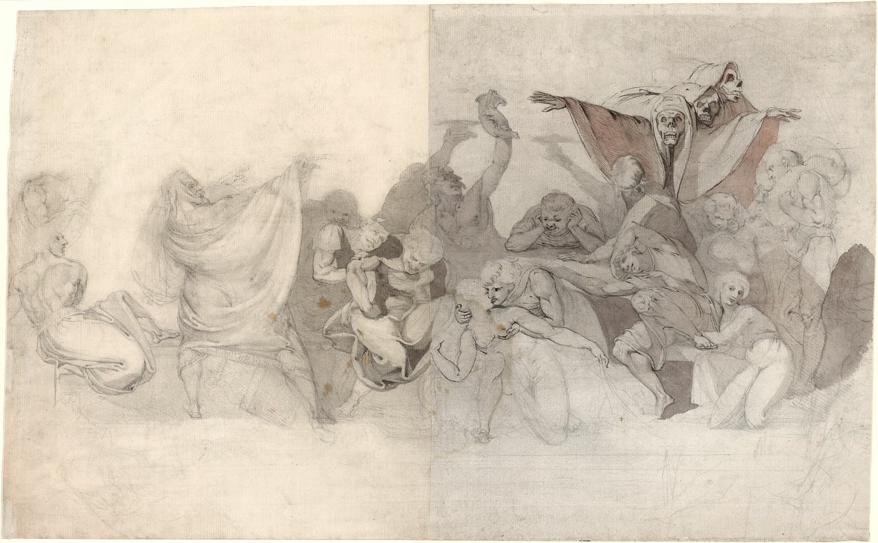 Trionfo della Morte: Tre scheletri invadono una baccanale orchestrata da un mago o un demone malvagio da Johann Heinrich Füssli