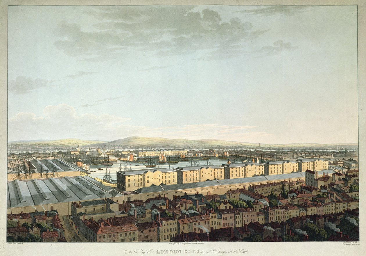 Veduta del London Dock da St. Georges-in-the-East, inciso da Daniel Havell, pub. da T. Clay, 1816 da Henry Haseler