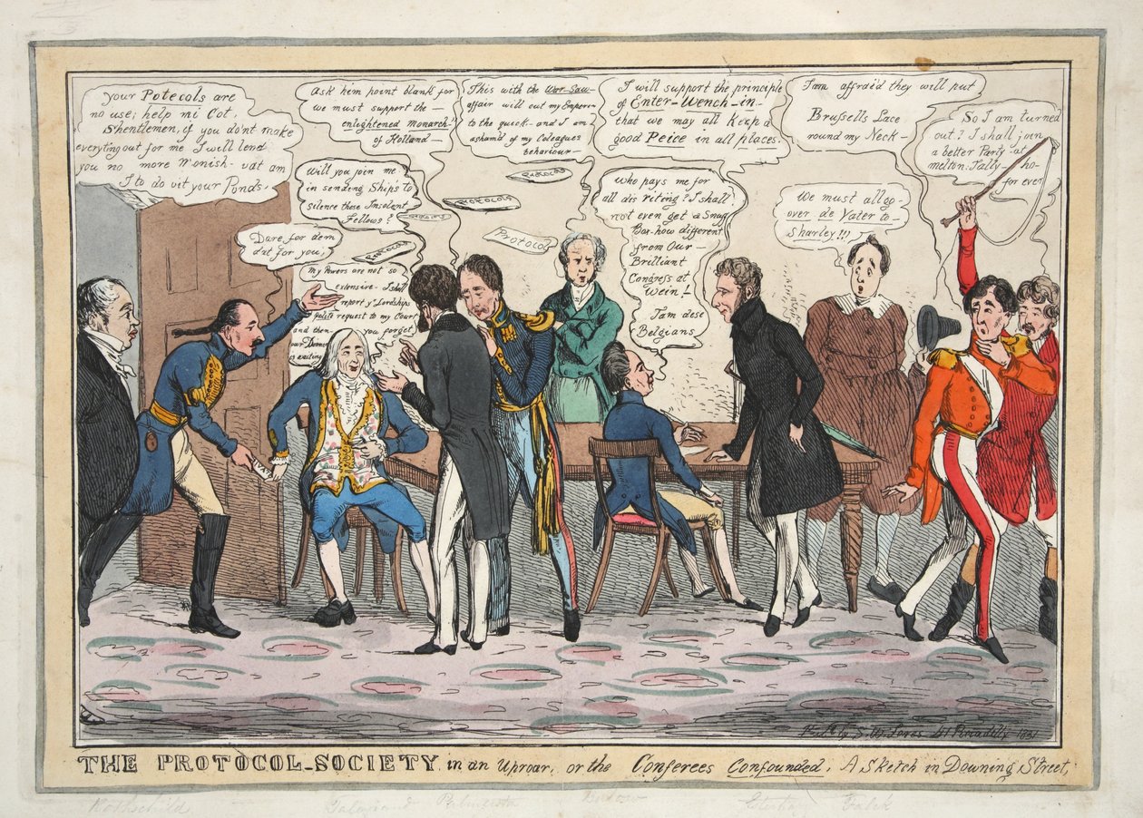 La Società del Protocollo in subbuglio, o i Conferenti confusi. Uno schizzo in Downing Street, pub. 1831 da Henry Heath