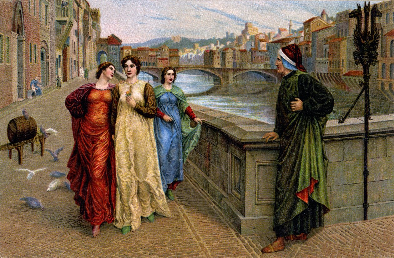 Dante Alighieri incontra la sua musa Beatrice Portinari a Firenze, c.1890 (stampa) da Henry Holiday