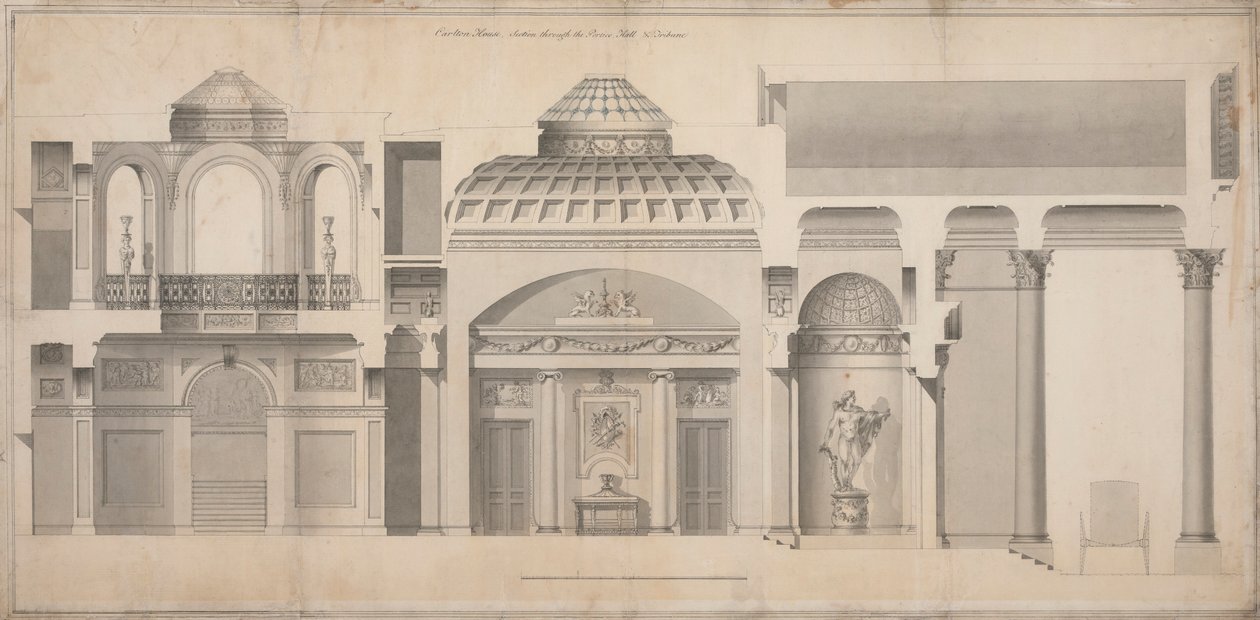 Carlton House, Pall Mall, Londra: Sezione del Portico, Sala e Tribuna da Henry Holland