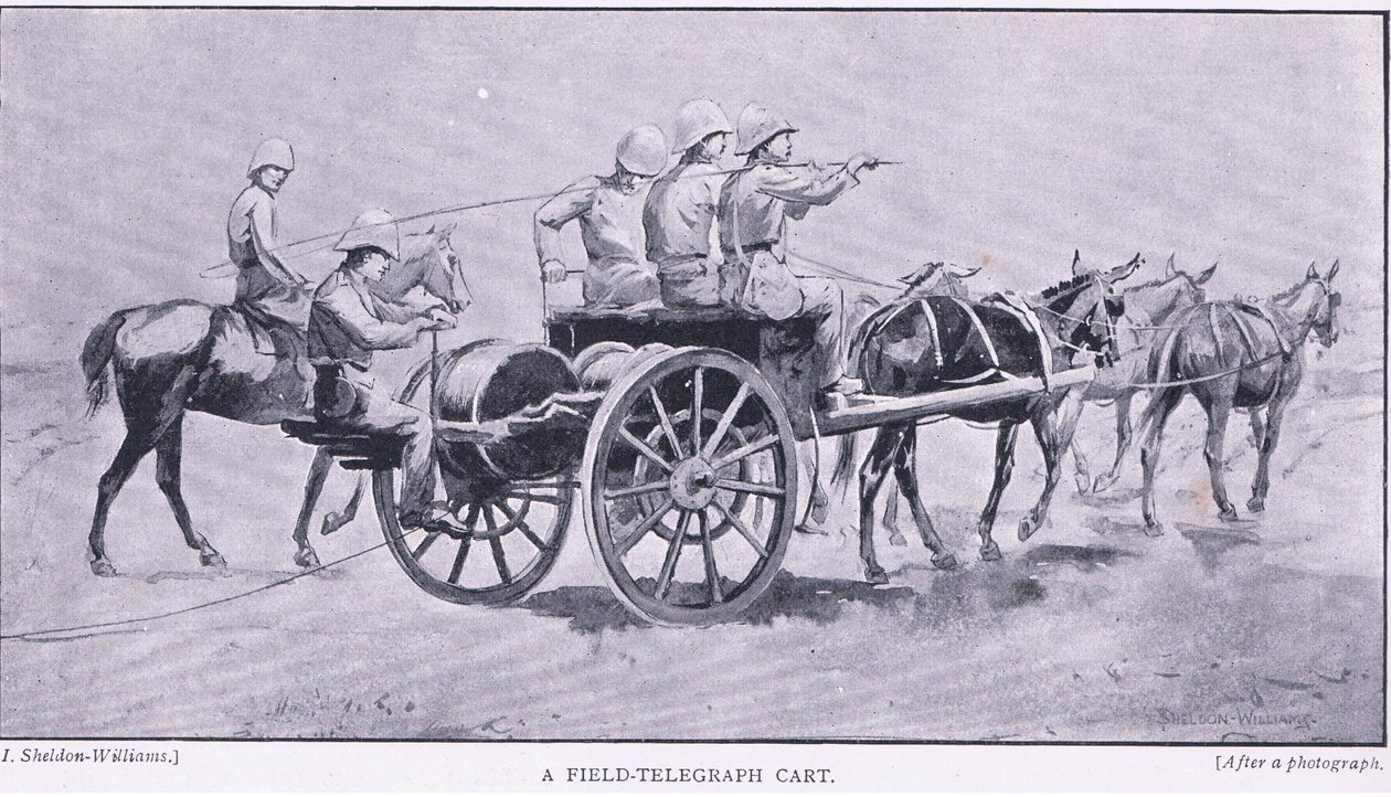Un carro telegrafico da campo, da Dopo Pretoria: La guerra di guerriglia pubblicata da Harmsworth Bros Limited, 1901 da Henry Inglis Jodrel Sheldon Williams