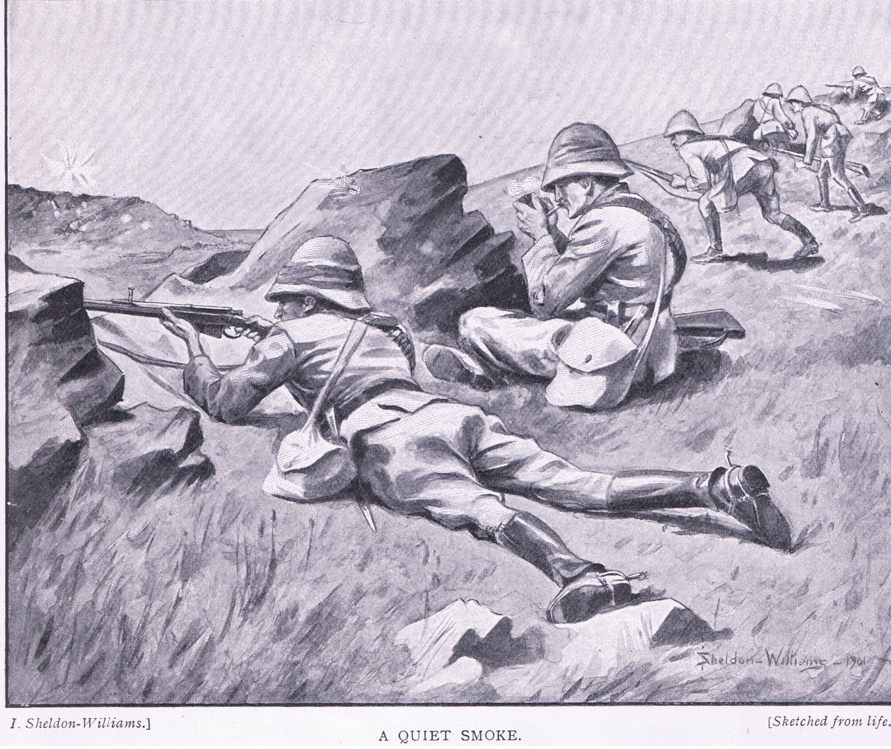 Un fumo tranquillo, da Dopo Pretoria: La guerra di guerriglia pubblicata da Harmsworth Bros Limited da Henry Inglis Jodrel Sheldon Williams