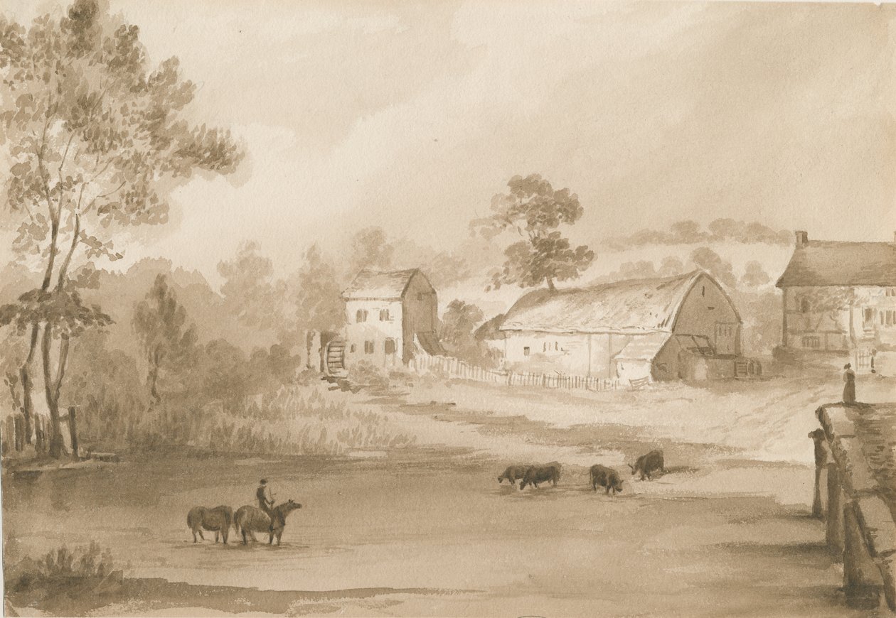 Mulino di Trysull: disegno a lavaggio seppia da Henry James Noyes