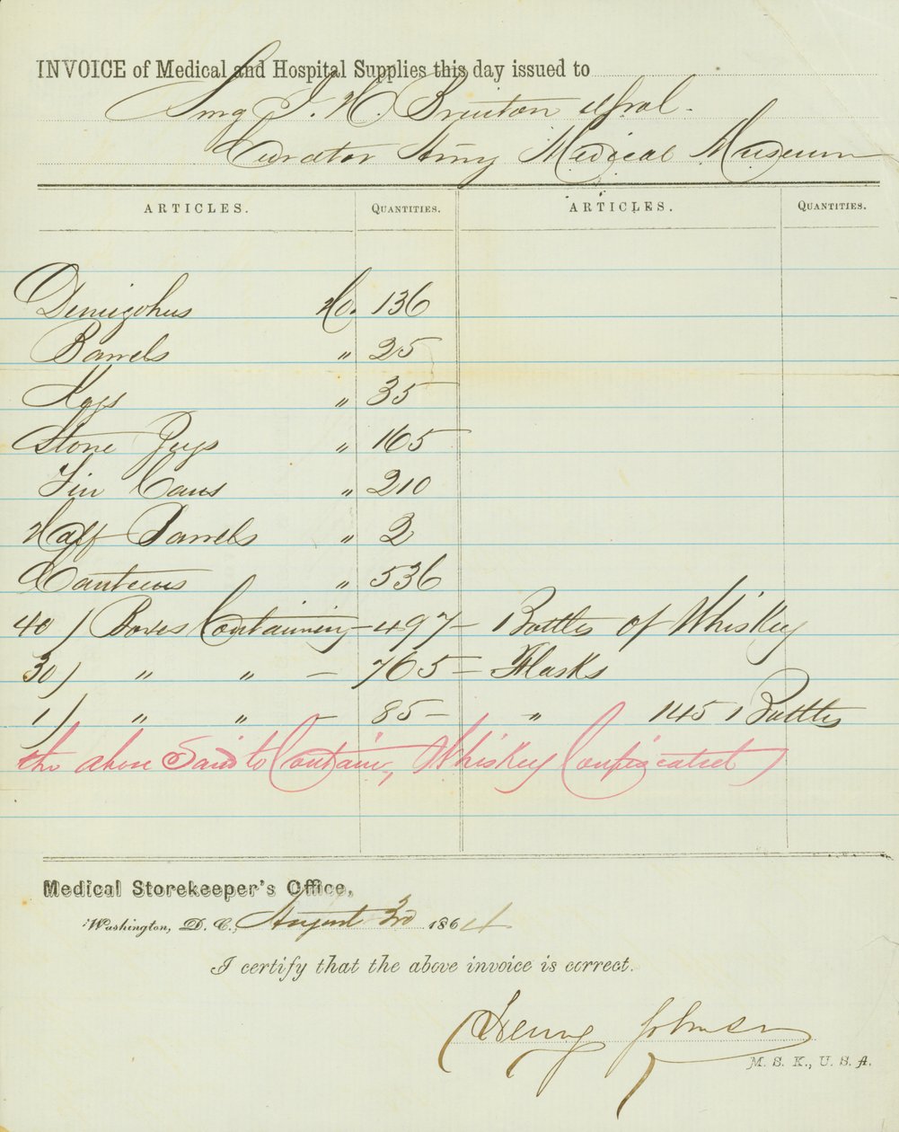 Fattura di forniture mediche e ospedaliere, firmata Henry Johnson, 30 agosto 1864 da Henry Johnson