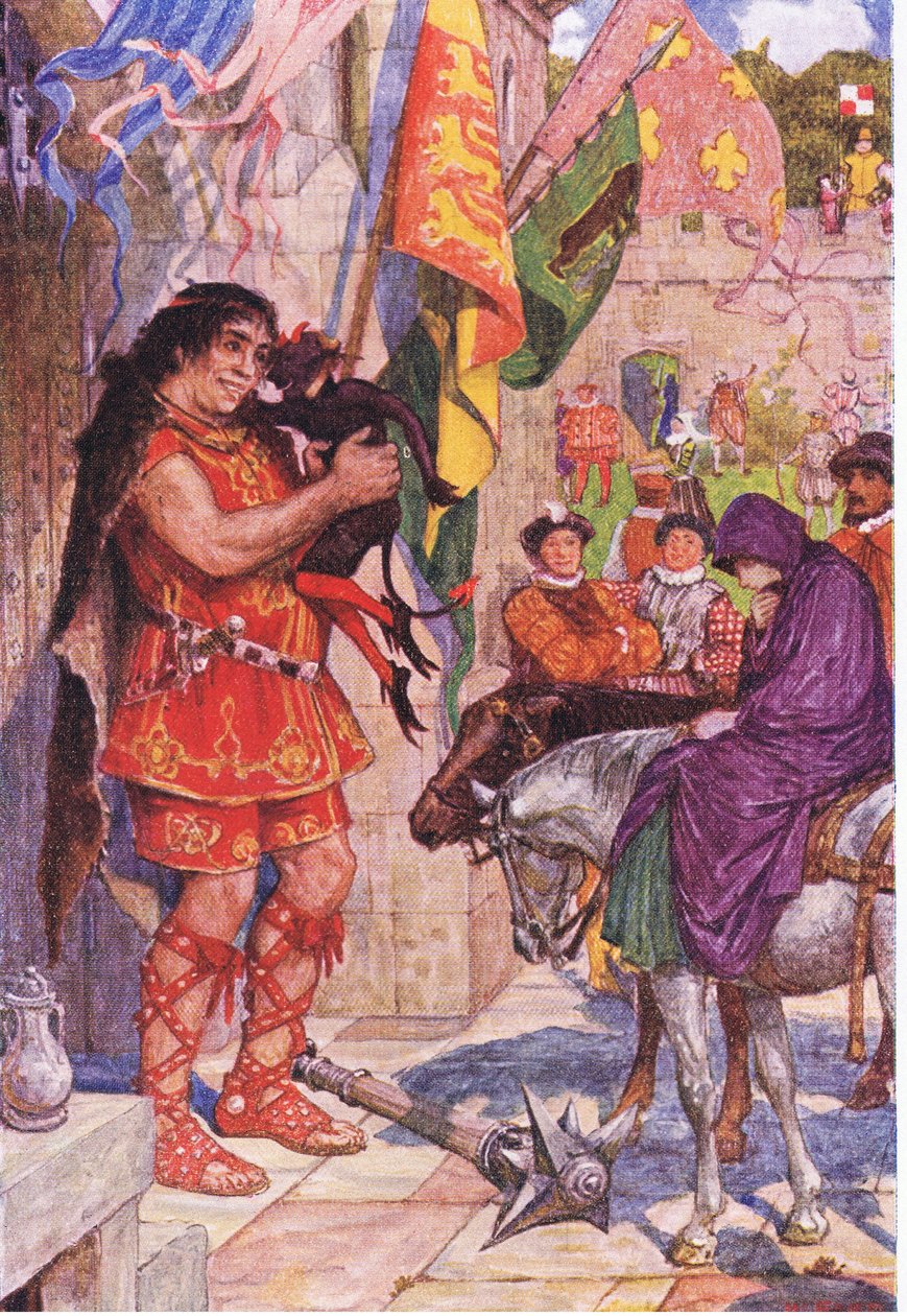 Flibbertibbet vestito da diavolo pacifica il gigante quando Wayland porta Amy al Castello di Kenilworth, illustrazione da Kenilworth, c.1910 da Henry Justice Ford