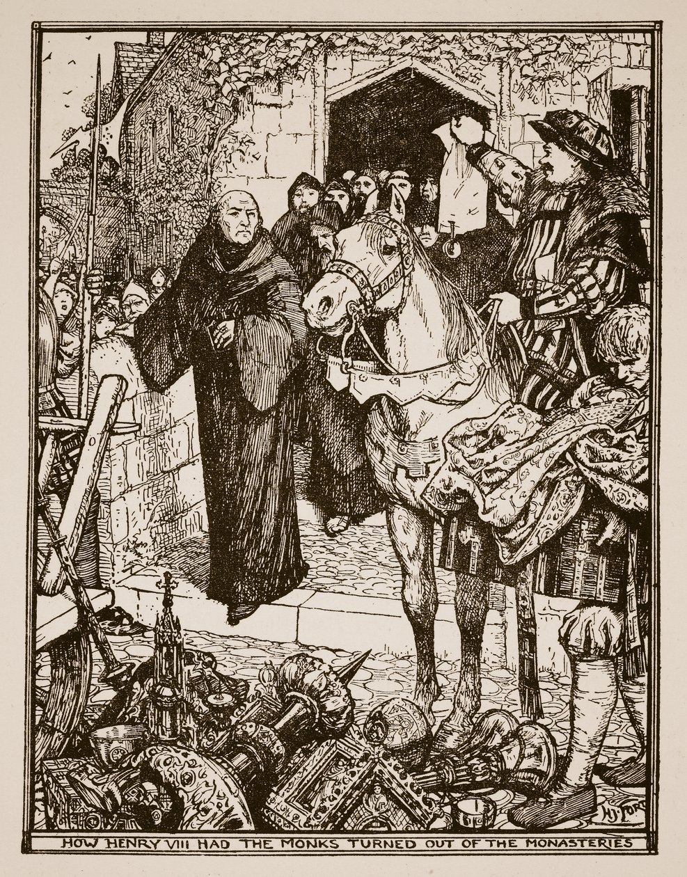 Come Enrico VIII fece cacciare i monaci dai monasteri, illustrazione da 